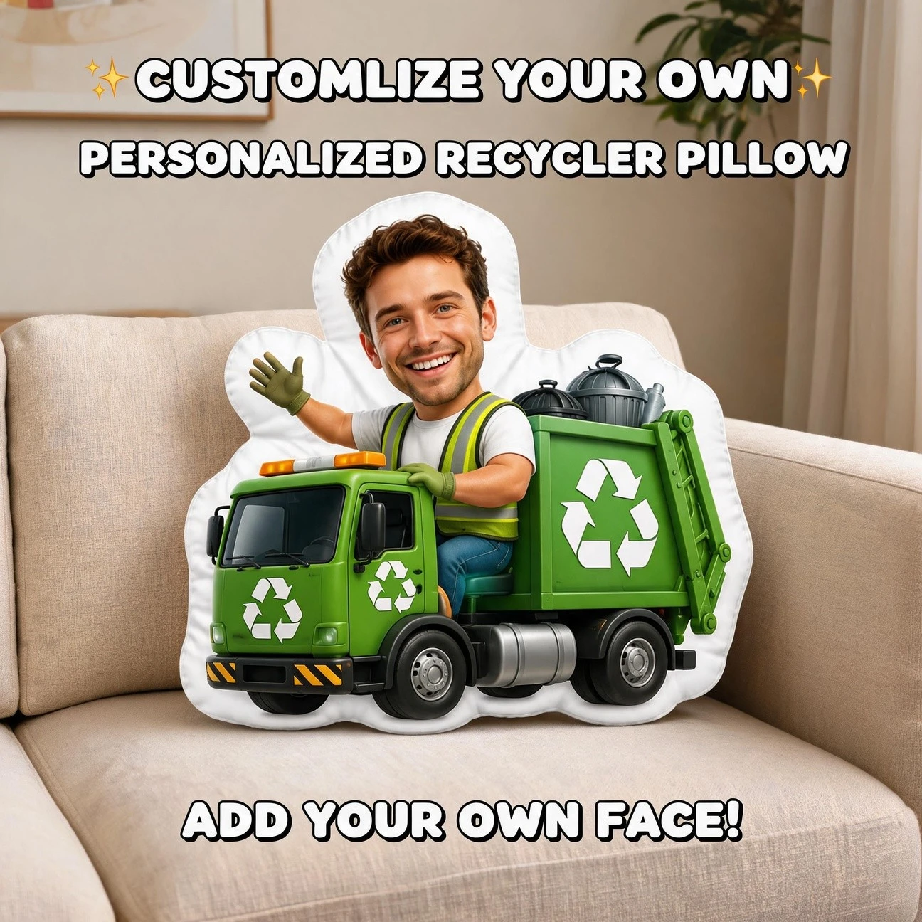 Custom Photo Shaped Pillow, Personalized Sanitation Worker And Green Truck Decorative Cushion, Unique Home Decor Accent for Sofa