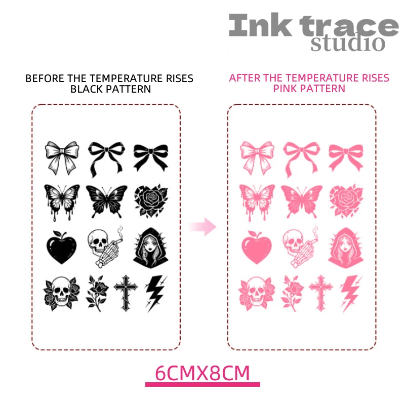 Gothic-Style Butterfly Bow Skull Thermosensitive Color-Changing Temporary Tattoo Stickers Waterproof Black to Pink Rose