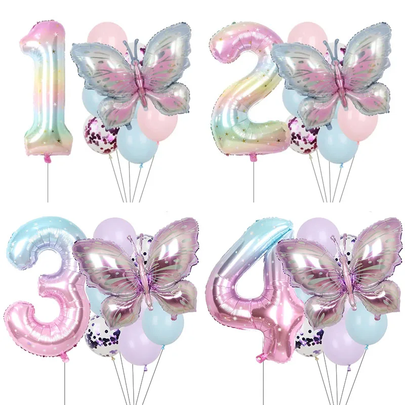 9Pcs Butterfly Balloon Birthday Decorations Set 38Inch Aluminum Foil Number Purple Butterfly Balloons for Birthday Party Decor