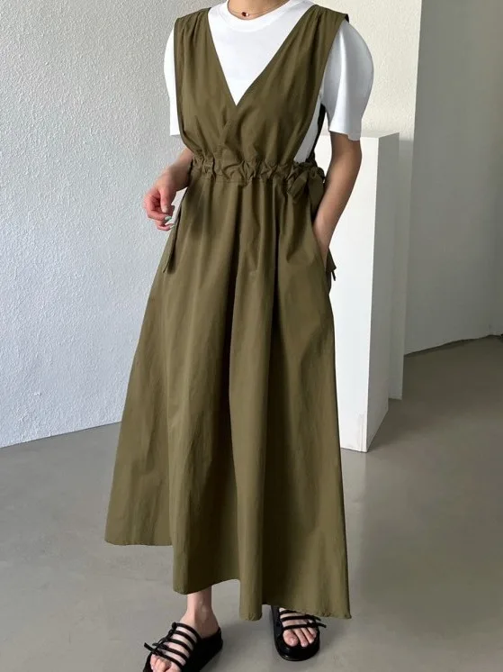 Retro Summer Dress Women Loose Drawstring Waist Cinching Design Sensation Vest Dress Chic City Commute Sleeveless Gown
