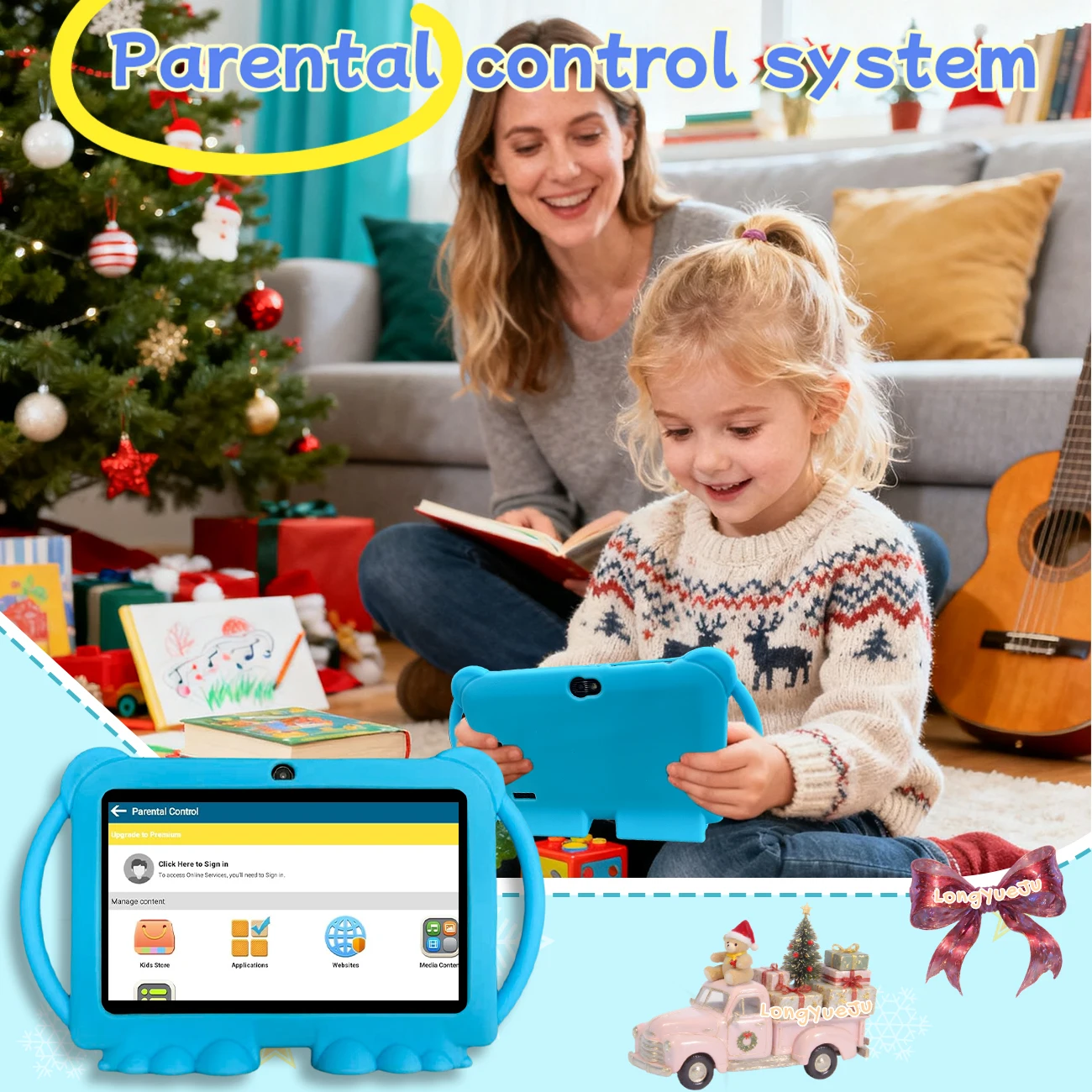 Tablet Android educativo da 7 pollici, 2 GB + 32 GB, doppia fotocamera, schermo HD, controllo parentale, custodia in silicone per cartoni animati, regalo, blu/rosa