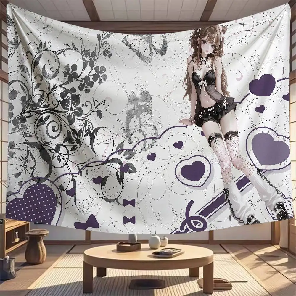 Hot Retro Cute Anime Girl Tapestry Wall Hanging Vintage Cartoon Art Pink Sweet Home for Bedroom Living Room Dorm Room Wall Deco