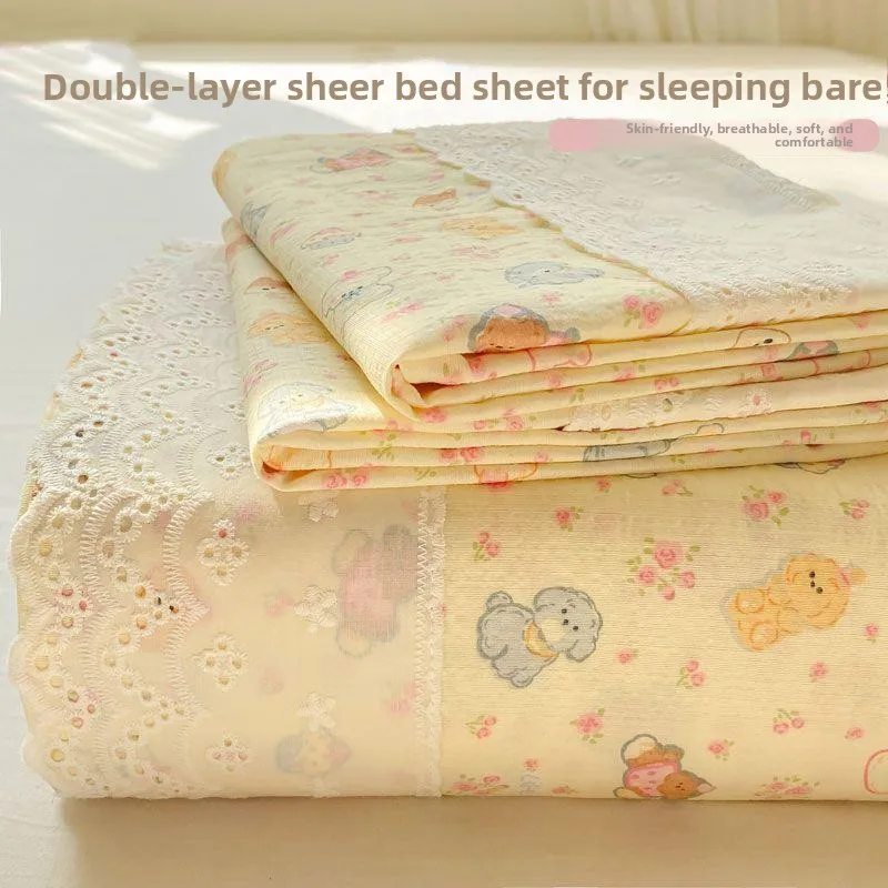 washed-cotton-double-layer-lace-bed-sheet-set-princess-style-naked-sleep-dormitory-quilt-cover-pure-color-ins-style-bedding
