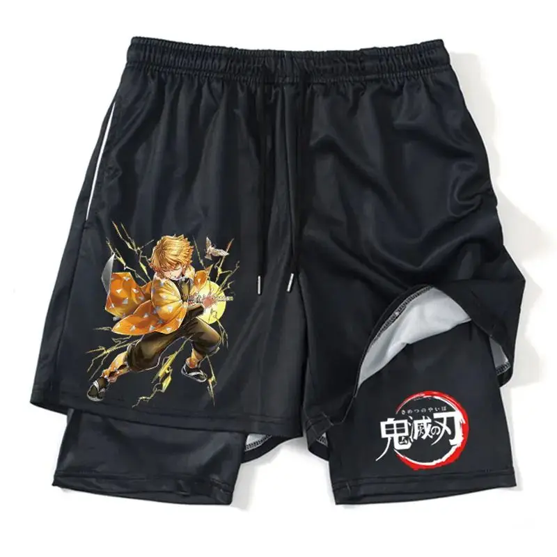 Pantalones cortos Demon Slayer 2025, pantalones de playa de doble capa periféricos de Anime de verano para hombres y mujeres, pantalones casuales sueltos de talla grande