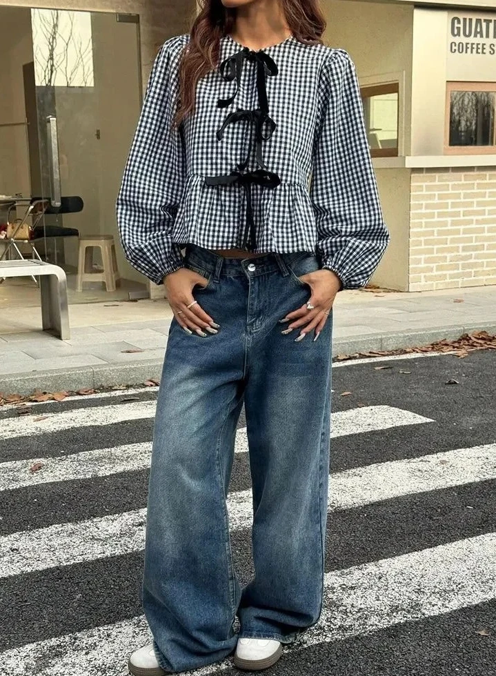 

Women Spring Autumn Y2K Clothes Sweet Style Loose Knot Front Round Neck Top Streetweawr Plaid Lantern Long Sleeve Blouse