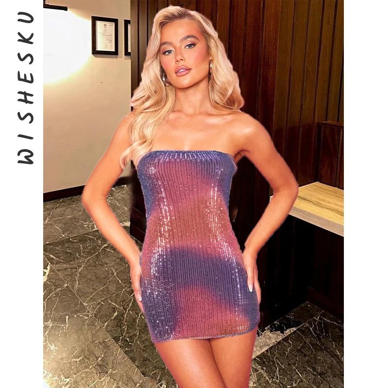 Sexy Strapless Sequined Glitter Tube Mini Dress Women Off Shoulder Sleeveless Colorful Vestido 2024 Spring Fall Lolita Y2K Robe