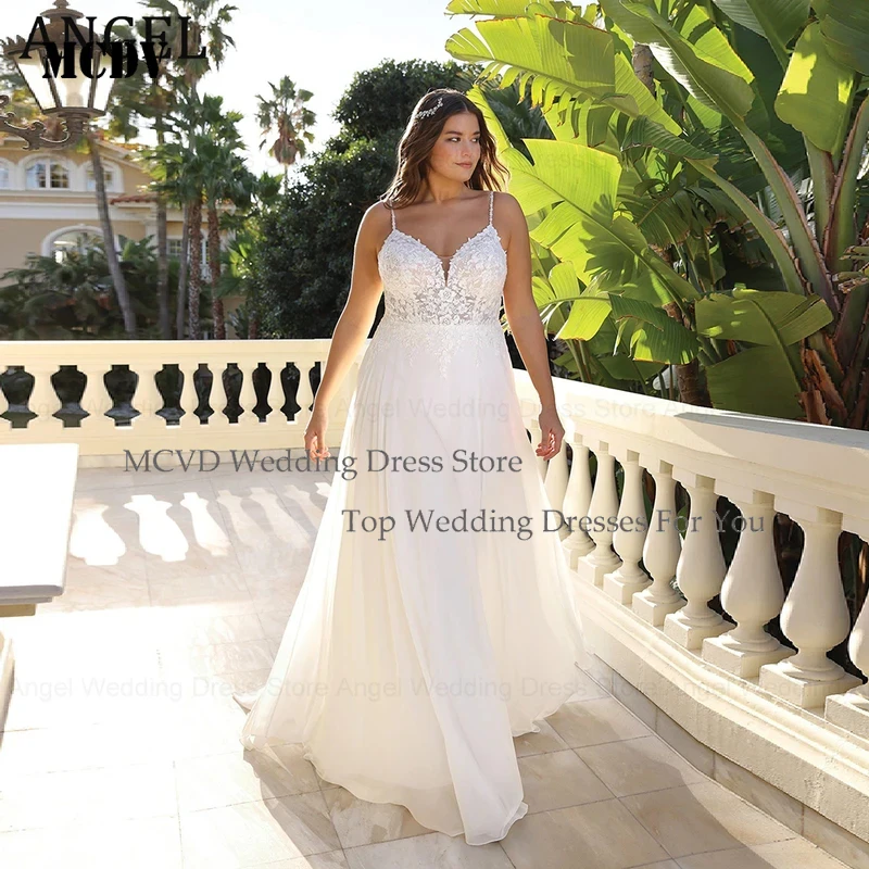 

MCDV 2025 New A Line Plus Size Wedding Dresses Sleeveless Customized Bridal Gowns Lace Chiffon Exquisite Bride Dress