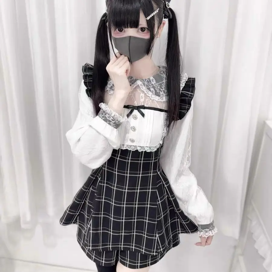 Japanese Style Gothic Y2k Lolita Dress Shorts Set Women Vintage Sweet Lace Long Sleeve Plaid Party Dress Slim Mini Dress Outfits