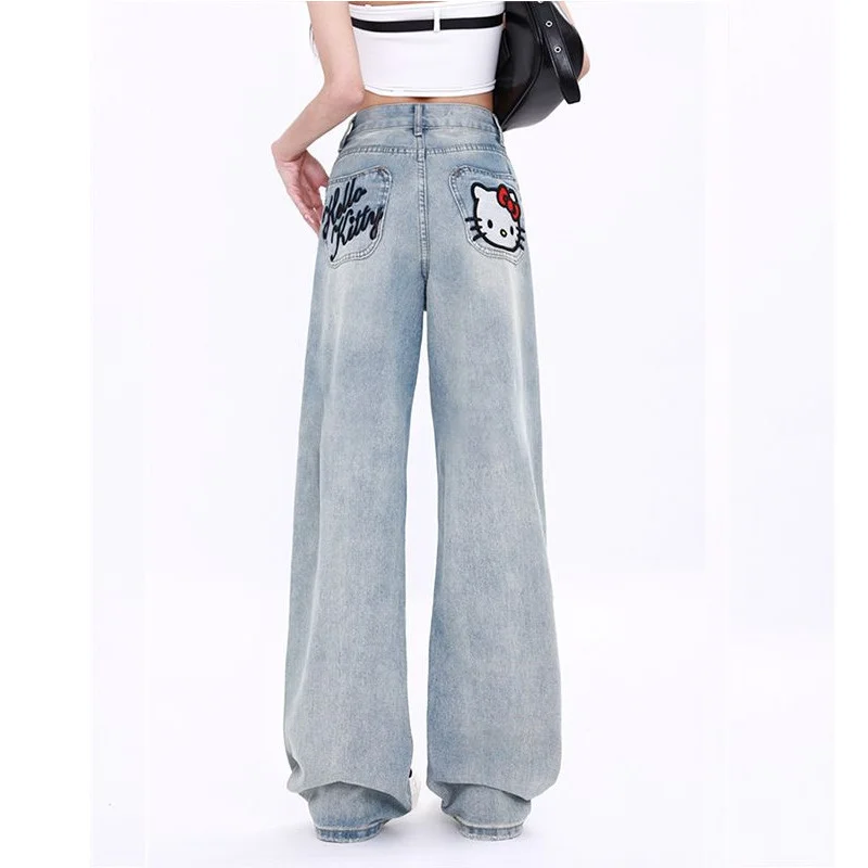 New Sanrio Hello Kitty Embroidery Jeans Women Vintage Straight Denim Pant Woman Korean Fashion Winter Blue High Waist Trousers