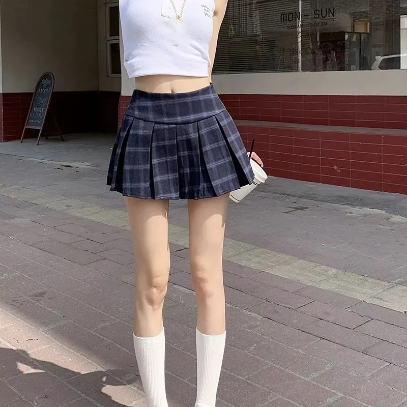 빈티지 블루 격자 무늬 플리츠 스커트 여성 일본식 학교 학생 a 라인 Jk 스커트 소녀 프레피 스타일 내부 반바지 미니 스커트