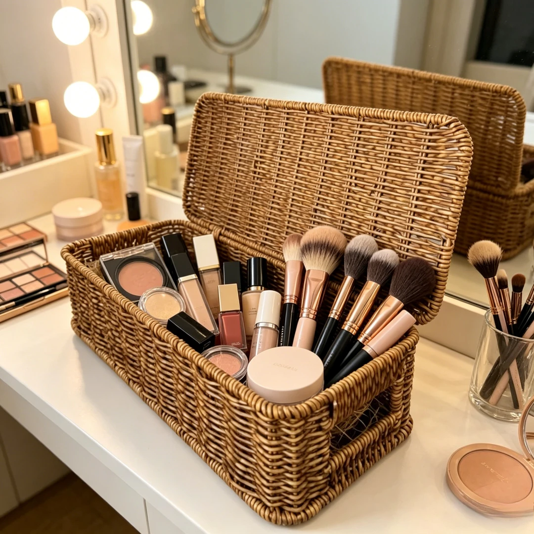 Handwoven Rectangular Imitation Rattan Storage Basket Handle Home Bedside Organizer Box For Kitchen Closet Holiday Gift Package view 5