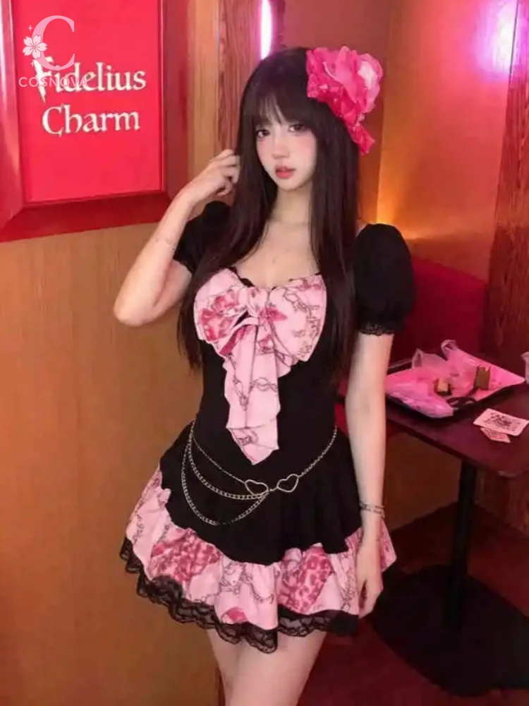 Japanese Vintage Goth Kawaii Floral Print Bow Puff Sleeve Lace Trim Metal Chain 2PCS Set Women Crop Top Mini Skirt Outfit