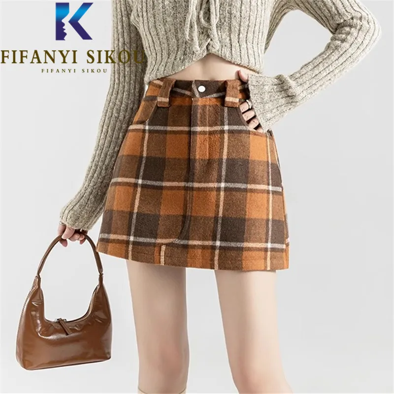 

Plaid Skirt Women Autumn Winter 2023 New Fashion Pocket High Waist Woolen Skirt Vintage Casual A-Line Short Skirts Female