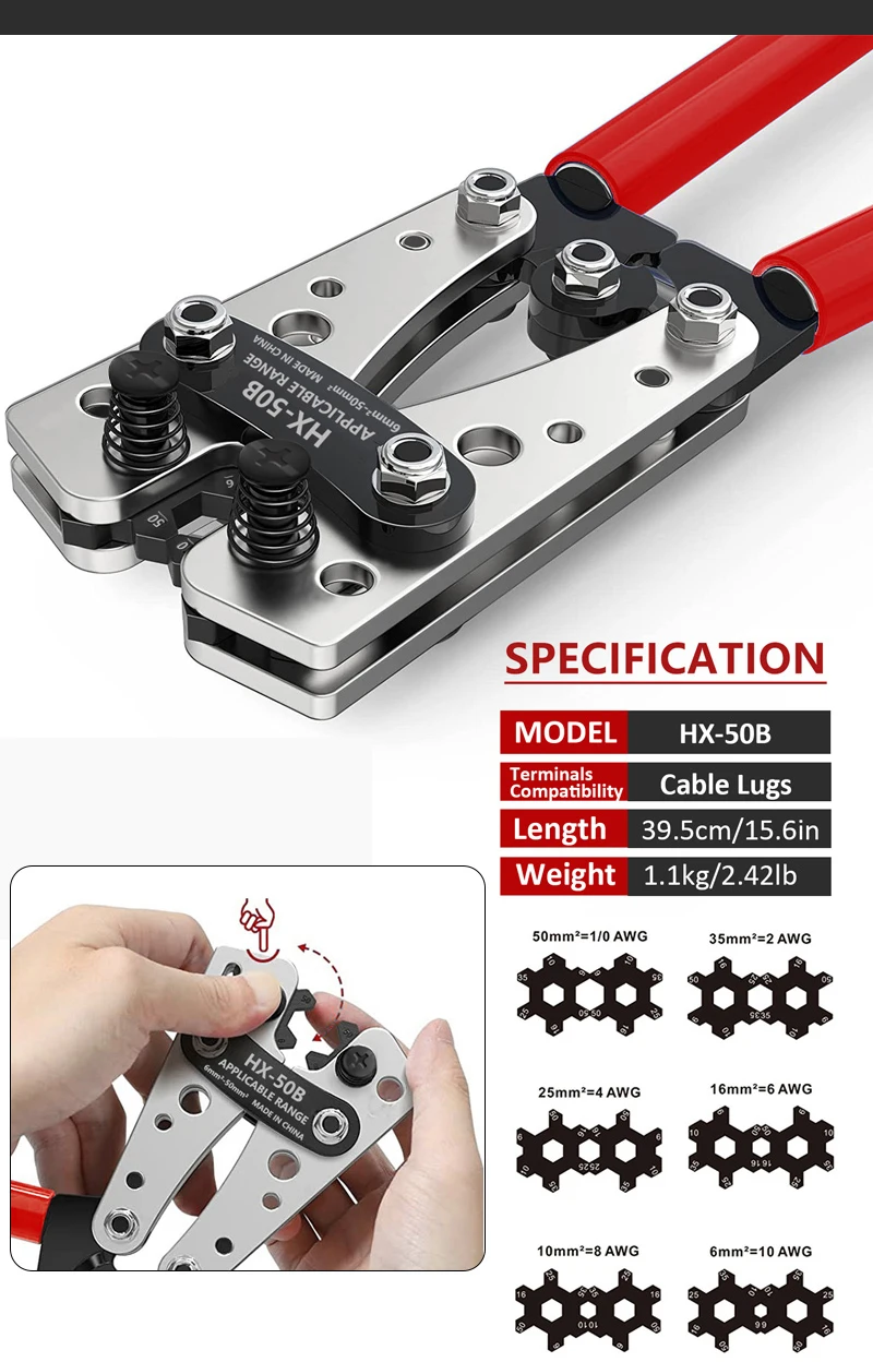 Hochleistungs-Batteriekabel-Crimpwerkzeug-Set, Bereich 8–1/0 AWG, Sortiment für Draht-Crimp-Steckverbinder, Auto, Kupfer-Ring-Anschluss – Detail 3