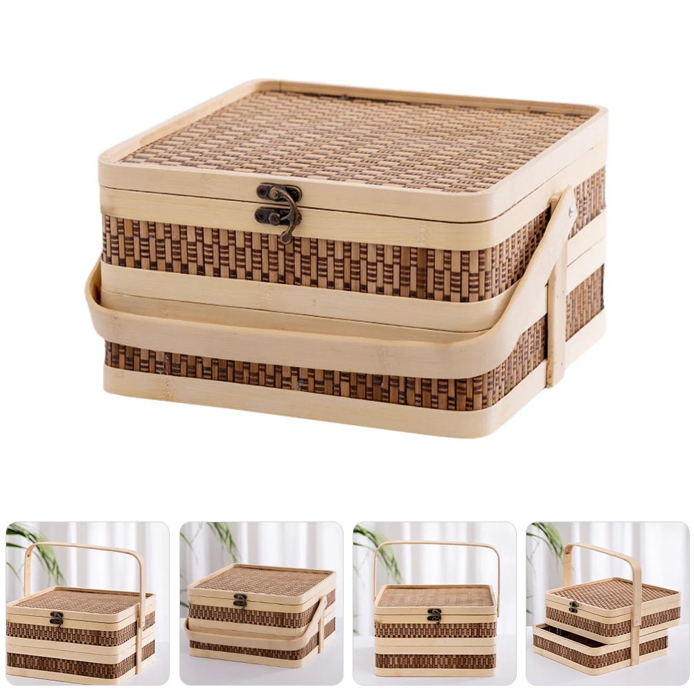 

6pcs Handheld Double-Layer Bamboo Basket Woven Storage Container For Fruits Bread Snacks Portable Picnic Household Organizer