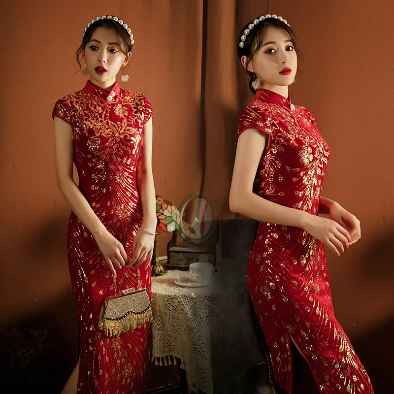 

Cheongsam Female Chinese Weeding Style Red Classic Qipao Vintage Button Dresses Gown Spring Banquet Vestidosvelvet Sexy Phoenix