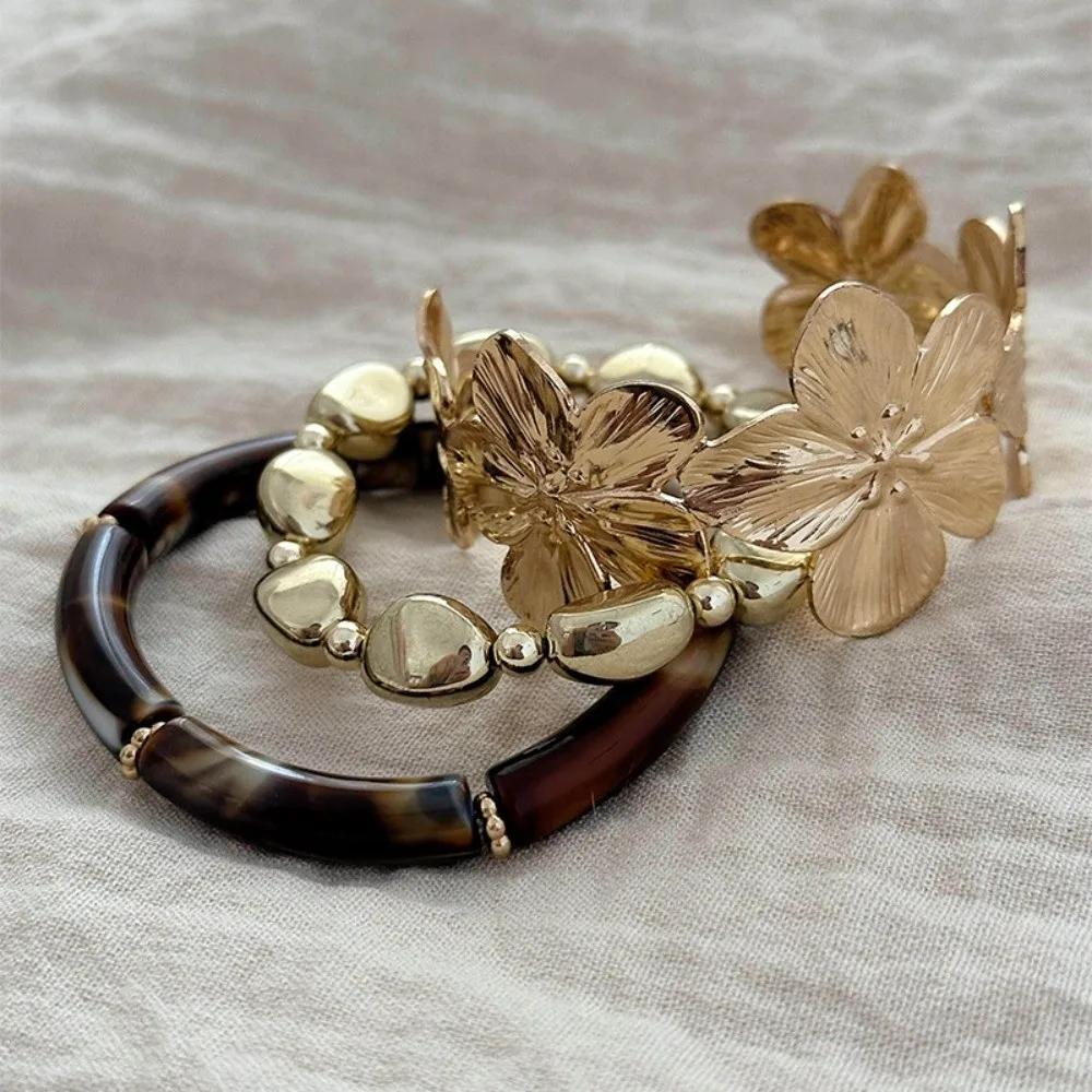 3Pcs/Set New Bohemian Big Flower Bangle Set Punk Thickened Irregular Cuff Bracelet Gold Bamboo Tube Cuff Bracelets Set Gifts