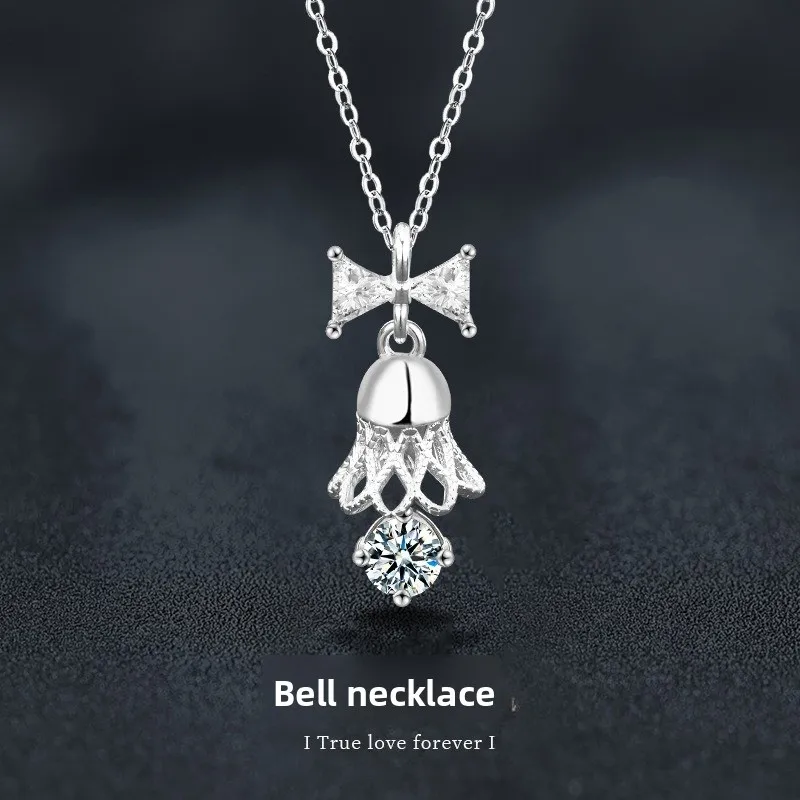 

Genuine Moissanite Necklace S925 Sterling Silver Bow Bell Necklace GRA Certified A distinguished Christmas gift for your lover