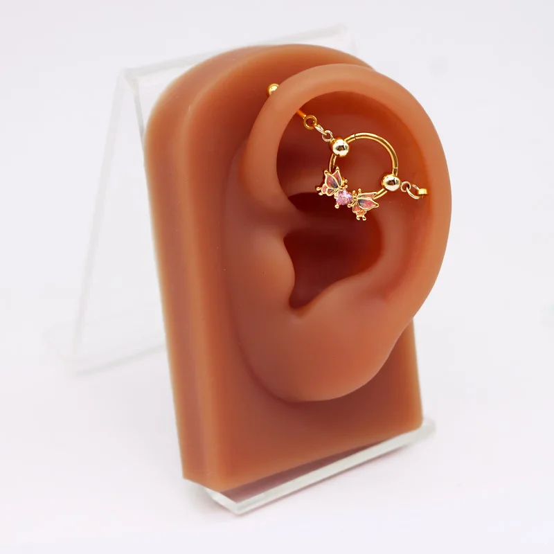 Fashion Heart Butterfly Earbone Stud With Chains CZ Crystal Moon Stars Ear Bridge Industrial Barbell Piercing Earrings Jewelry