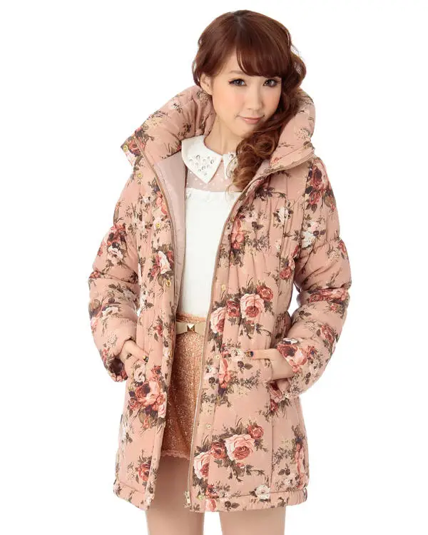 Sales Japan Liz Lisa Winter High Collar Flower Printed Long Padded Coat