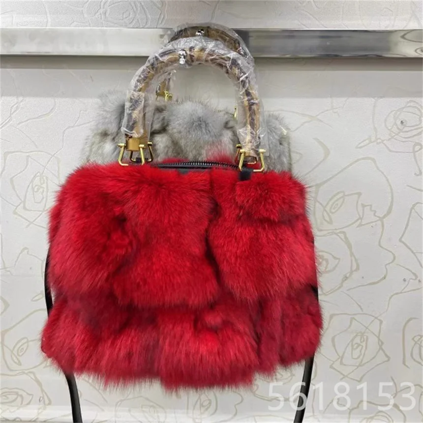 

New Red Rabbit Hair Splicing Bag Women's Winter Wool Fur Warm Real Fur