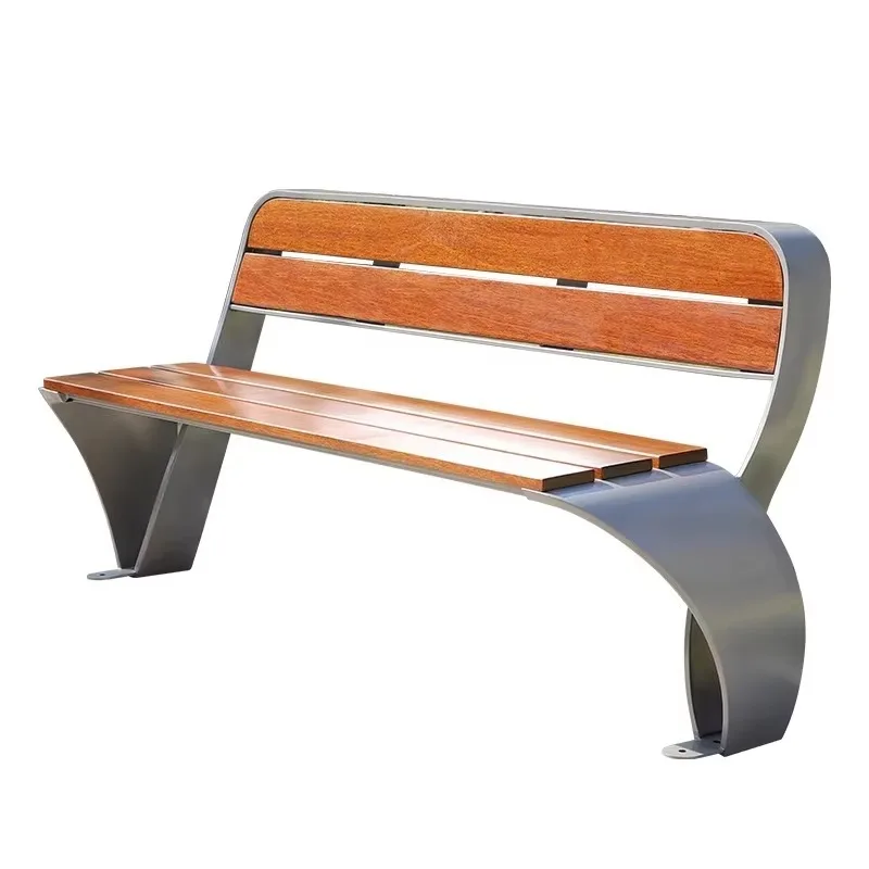 مقعد حديقة خارجي حديث طويل من الخشب الصلب مربع من سبائك الألومنيوم كرسي بارك مسند ظهر من الفولاذ المقاوم للصدأ للاستخدام الخارجي في الفناء