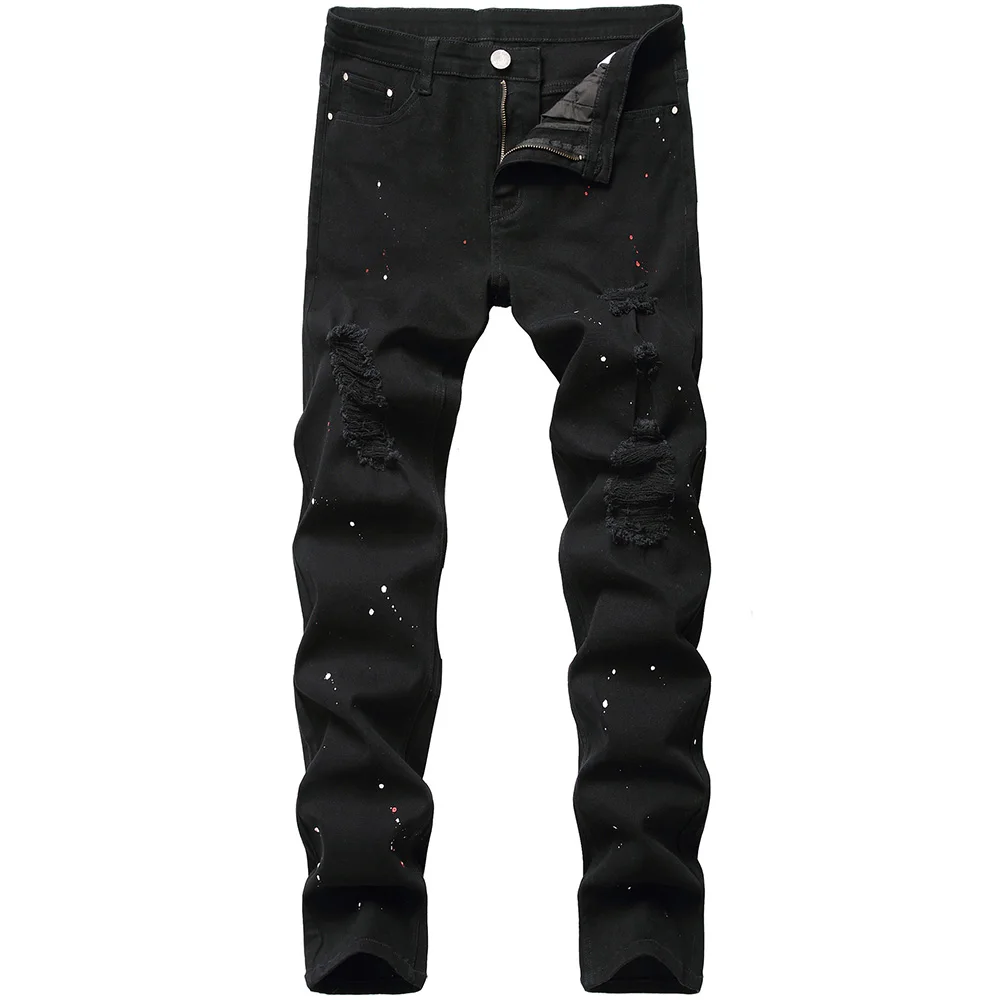 

Men Black Stretch Denim Jeans Painted Holes Ripped Pants Classic Slim Straight Trousers