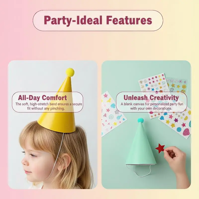 Cone Birthday Party Hats with Cute Pom Poms Tear-resistant Paper Hats 5/12Pcs for Christmas New Year Birthday Party Decorations
