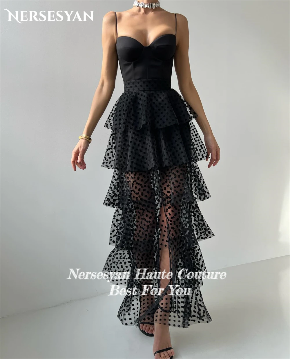 Nersesyan Luxury Black Dot Evening Dresses Off Shoulder Removable Spaghetti Straps Prom Dress Tiered Ruffles Slit Party Gowns