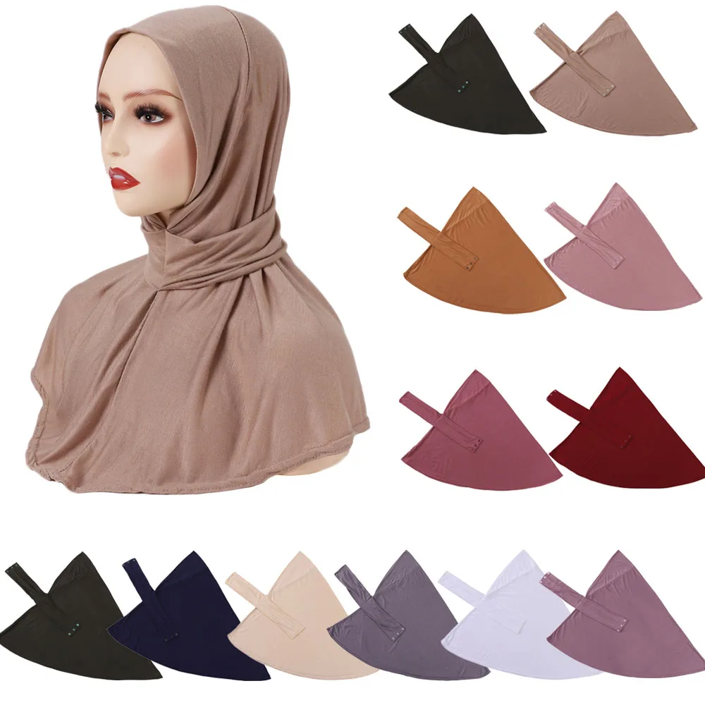 Modal Jersey Button Ready to Wear Instant Hijab Cap Women Elastic Muslim Full Cover Islam Bonnet Headband Wrap Adjustable Mujer