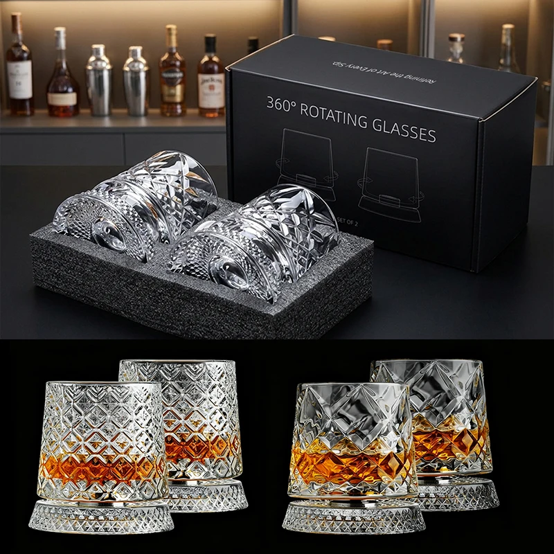 1 Pair Rotating Whiskey Glass Creative Crystal Premium Beer Cup Str Relief Liquor Cup With Base Straight Drink Mold Wine Glass