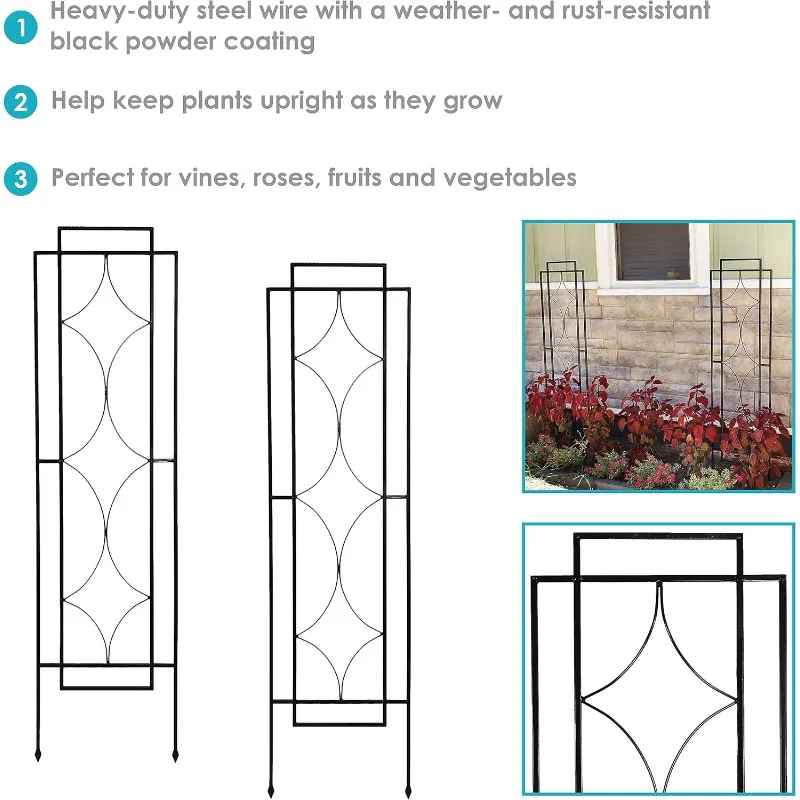 2-Piece Chic Diamonds Desig Outdoor Plant and Flower Trellis - 60-Inch Tall Each - Black