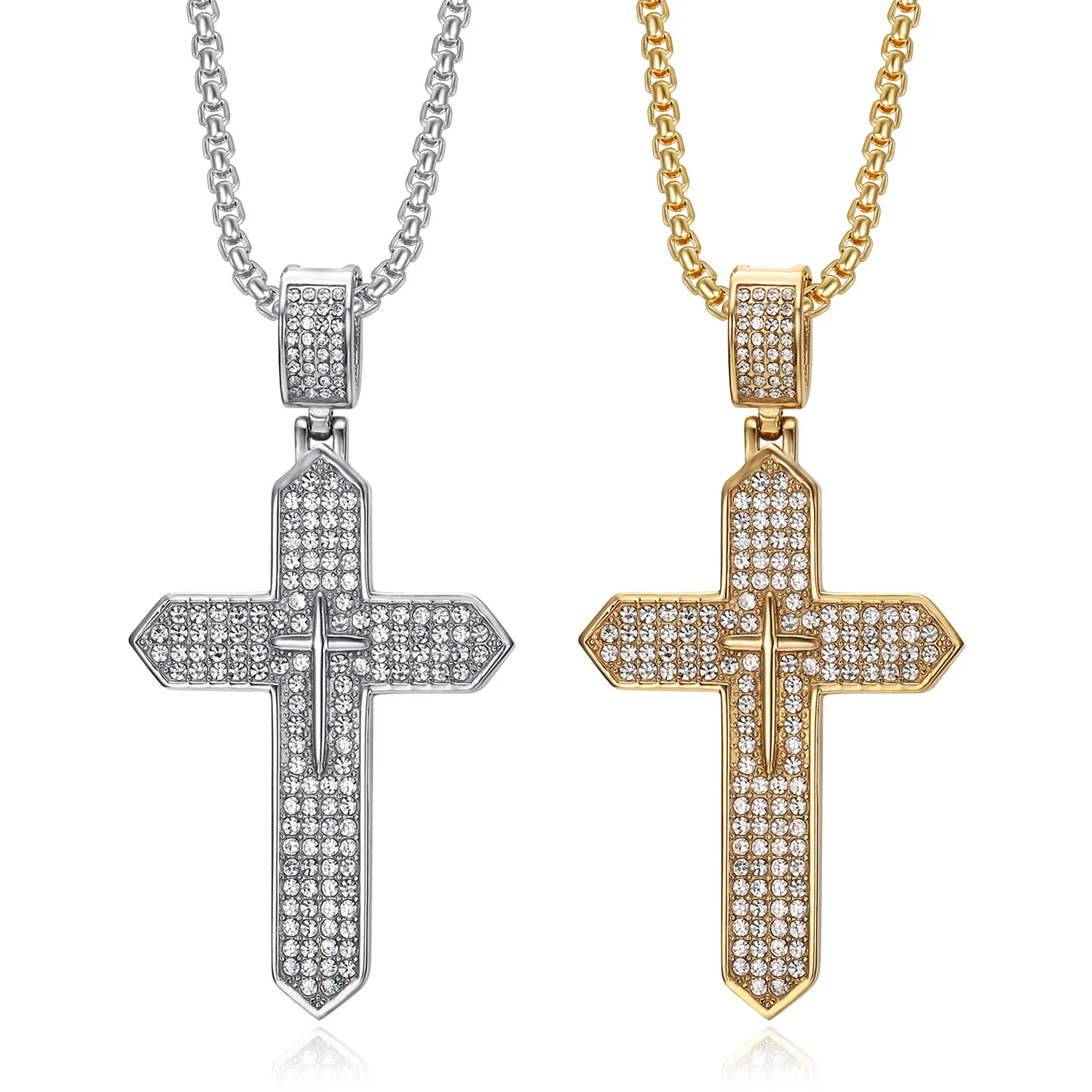 

New Fashion Christianity Cross Pendant Necklace For Men Stainless Steel Rap Singer Gold Plated Chain Hip Hop Jewelry Accessories