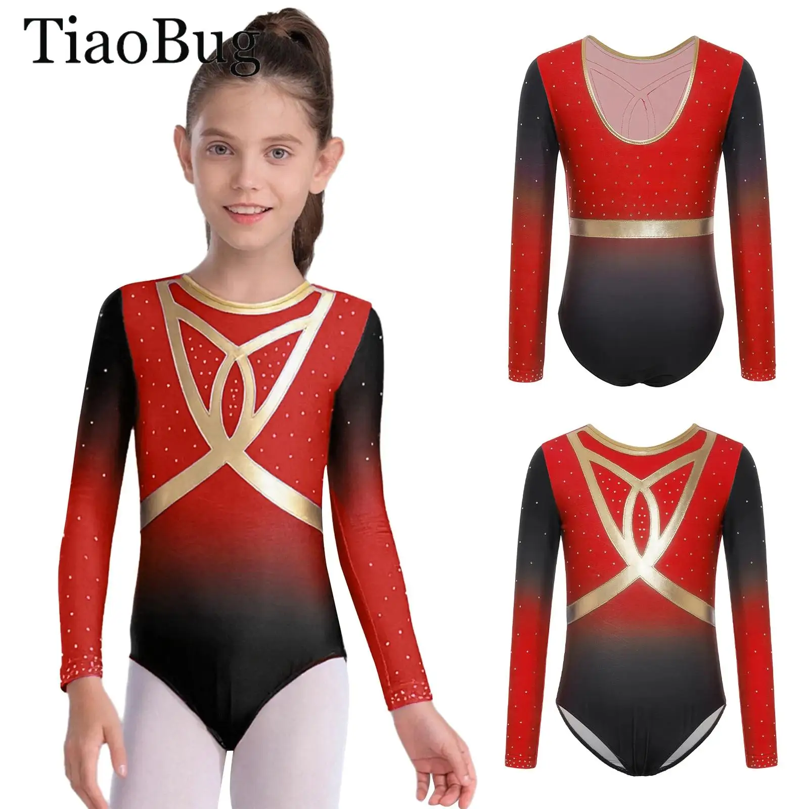 

Kids Girls Gymnastics Ballet Leotard Figure Skating Round Neck Long Sleeve Shiny Rhinestones Performance Bodysuit