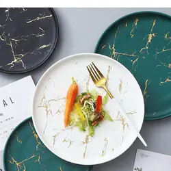 Nordic Matte White Black Green Glaze Gold Disc Marble Ceramic Plate Household Microwave Restaurant Dinner Plates