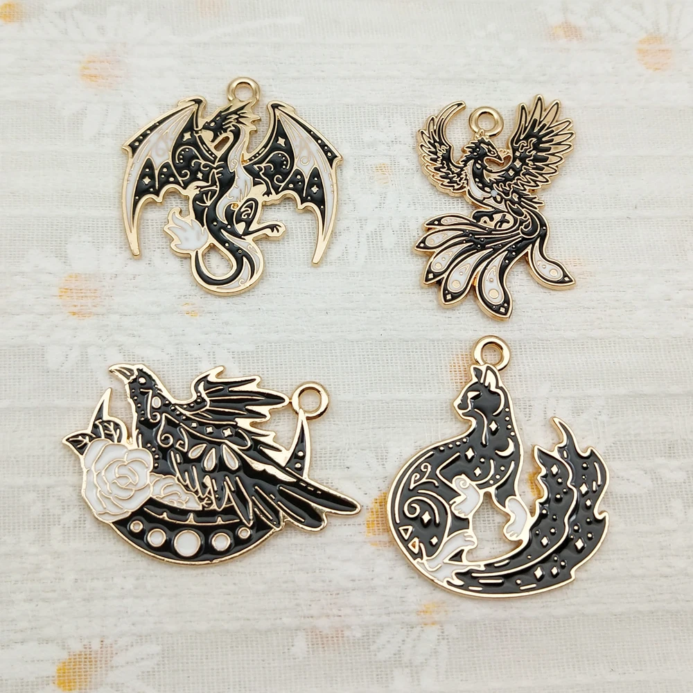 10pcs Dragon Phoenix Fox Charms for Jewelry Making Enamel Earring Phone Keychain Pendant Diy Accessories Alloy Metal Gold Plated