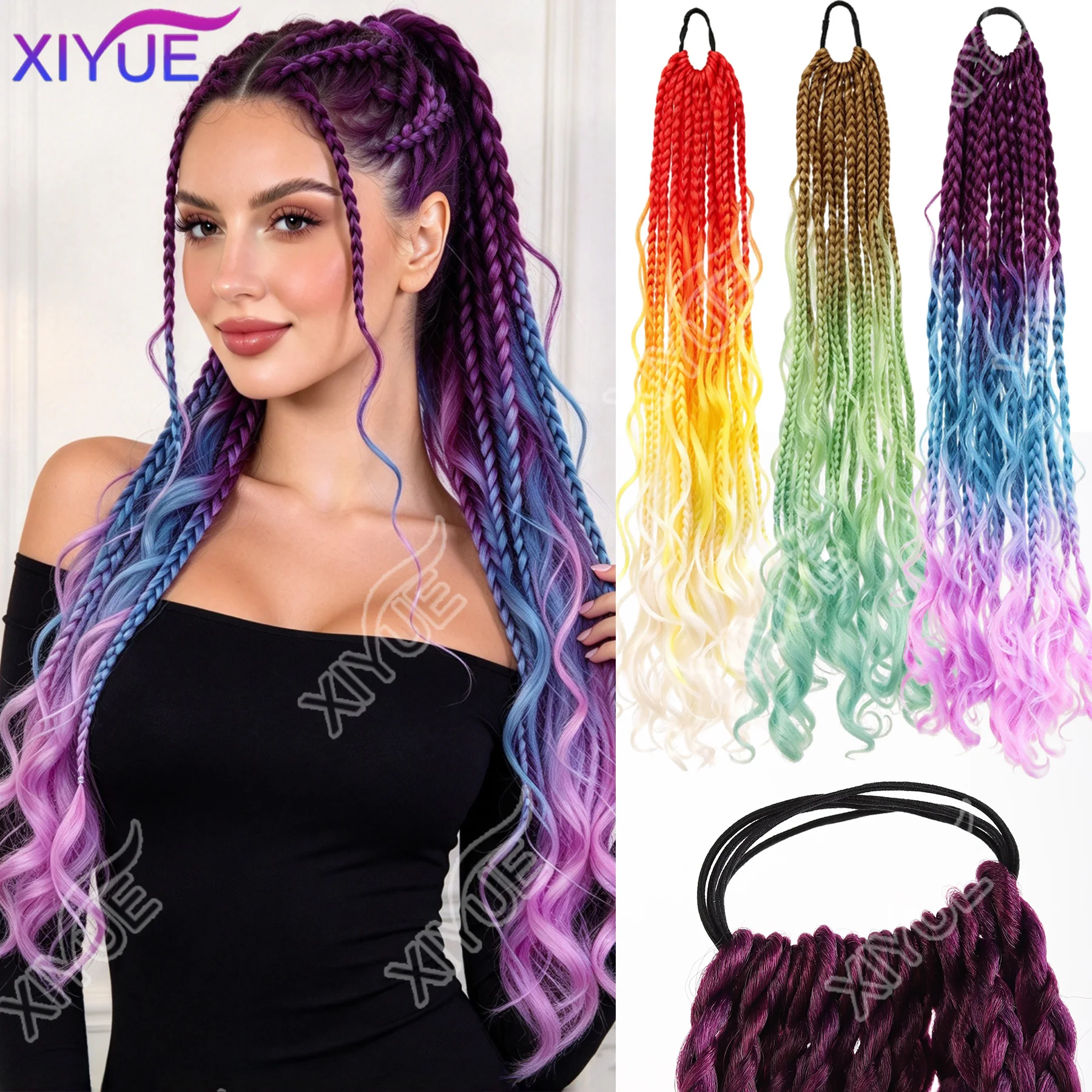 XIYUE Synthetic Gradient Braided Ponytail with Elastic Tie Flower Tassel, Curly Braid Hairpiece for Cosplay Festival Party