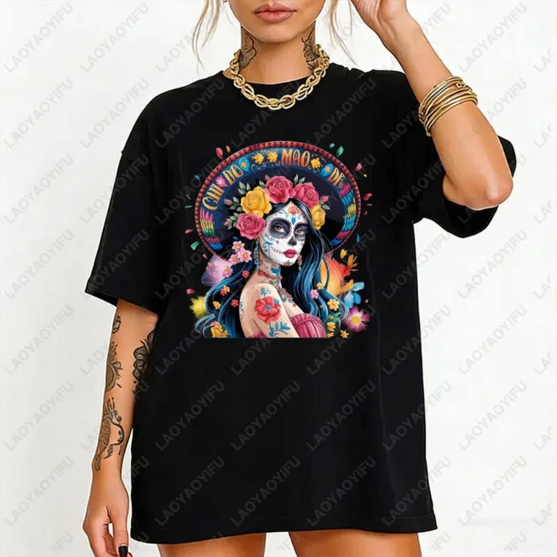 

Catrina Sugar Skull T-Shirt Women Mexican Day Of The Dead Sombrero Graphic Short Sleeve Cotton Top Dia De Los Muertos Tee