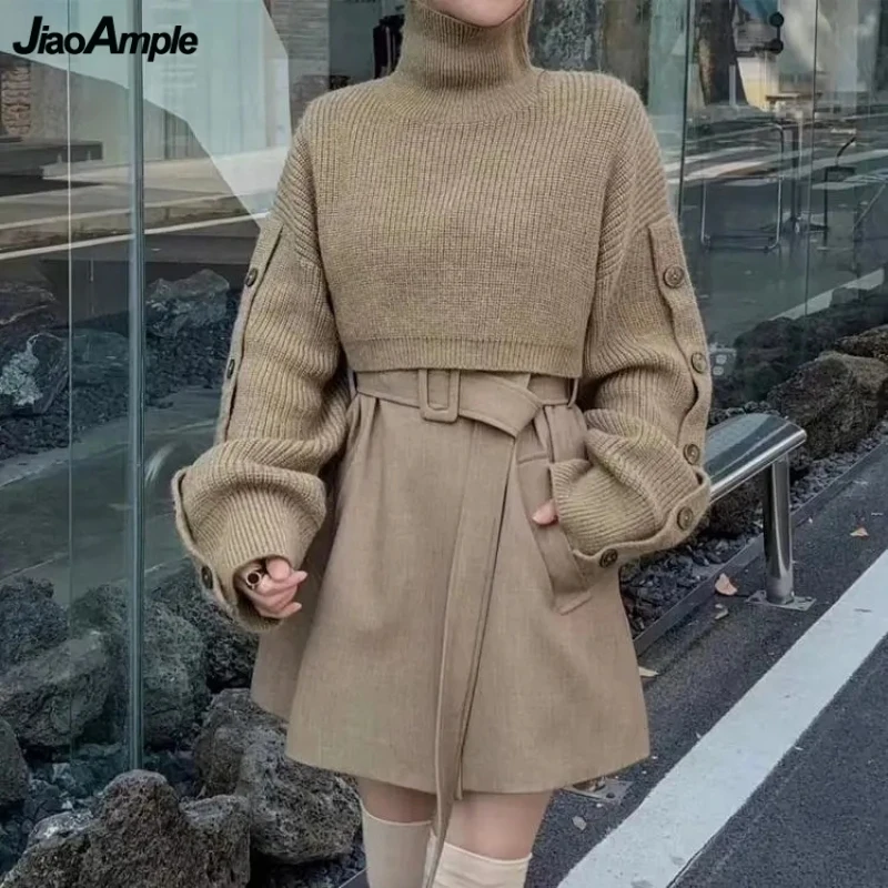 

Women Spring Autumn Knitwear Matching Sets Lady Chic Short Turtleneck Sweater Mini Vest Dress Suits Crop Tops Dresses Outfits