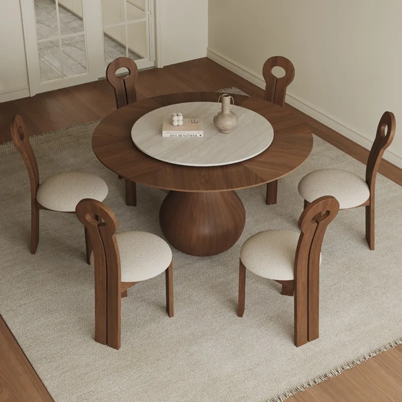 

Medieval solid wood travertine rock slab round dining table and chair combination household small apartment round table