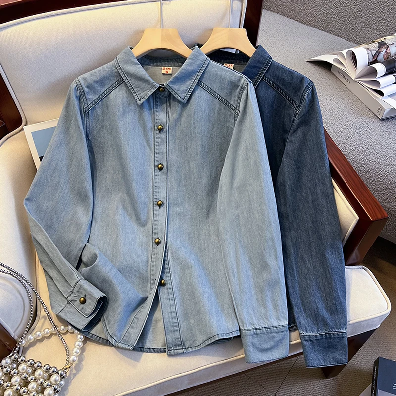 

Синяя джинсовая рубашка для женщин, весенне-осенняя однотонная блузка с отложным воротником и длинными рукавами, повседневные свободные универсальные топы