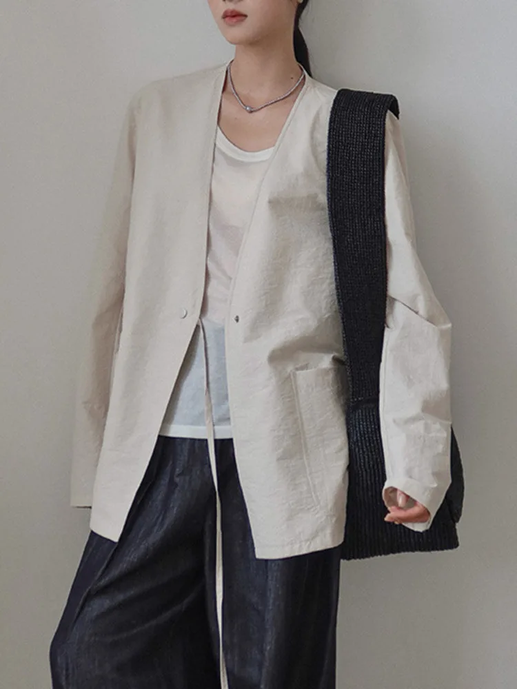 BJTZ Simple Vintage V-neck Lace-up Waist Summer Jacket For Women 2025 Loose Casual Versatile Female Clothing Tops