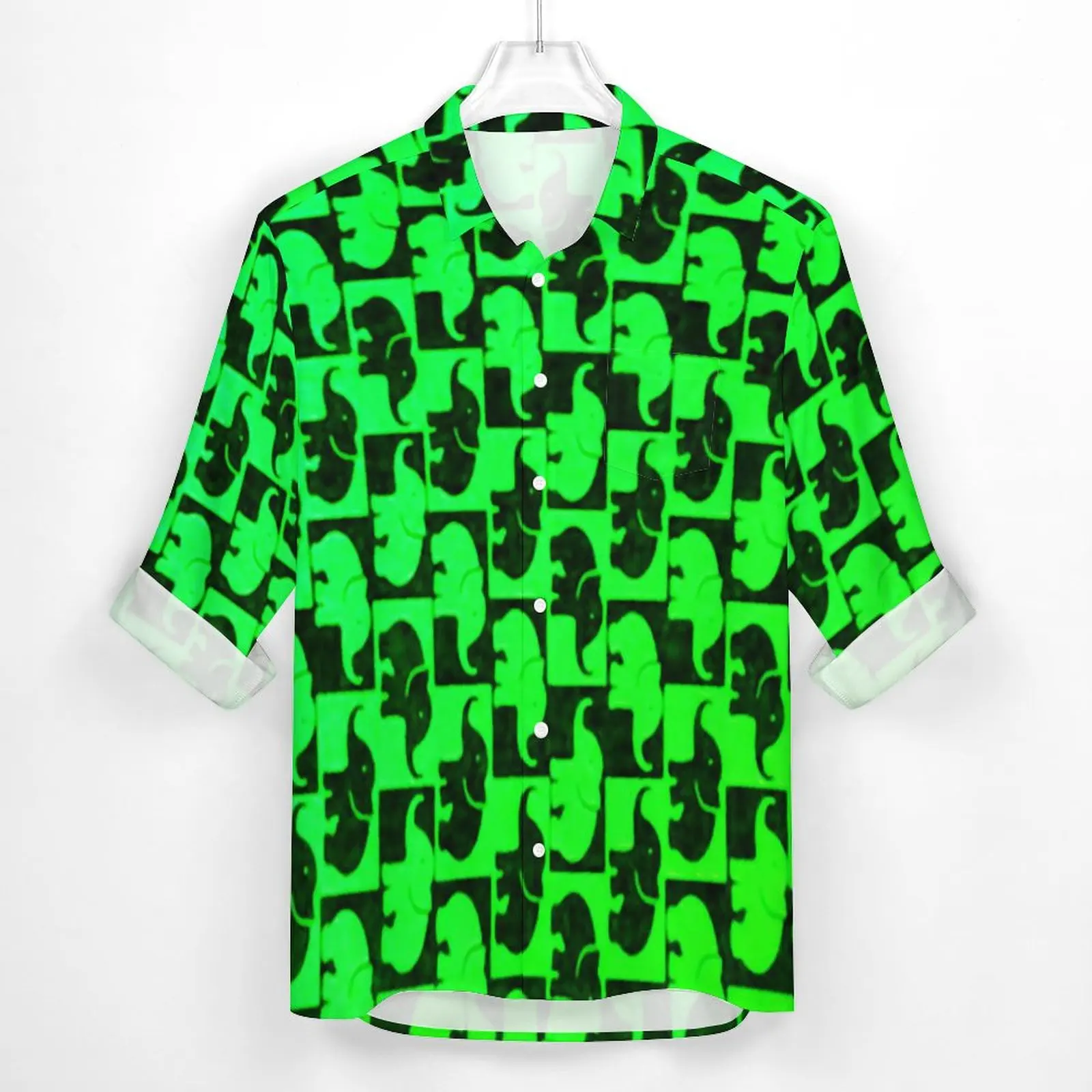 Neon Green Elephant Casual Shirts Male Funny Animal Print Shirt Long Sleeve Fashion Street Style Blouses Tops Plus Size 3XL 4XL