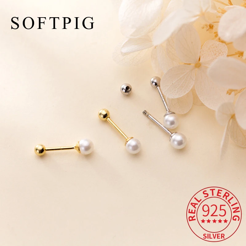 SOFTPIG Real 925 Sterling Silver 3/4mm Pearl Bead Screw Stud Earrings For Women Classic Fine Jewelry Minimalist Accessories