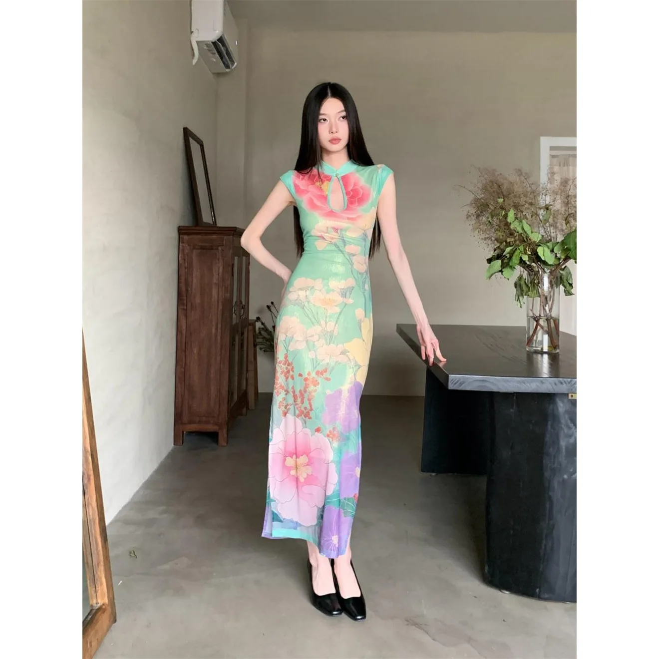 

Зеленое платье с вырезом по бокам во французском стиле ретро и принтом лотоса для женщин, летнее элегантное облегающее платье-халат в стиле Неаполь Y2k