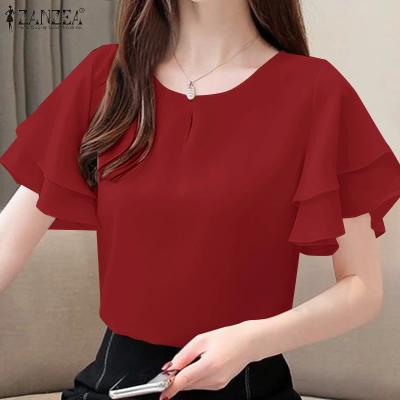 

2026 ZANZEA Летняя элегантная офисная блузка с коротким рукавом, женская рубашка, повседневный однотонный топ для работы, модная туника с круглым вырезом для отпуска