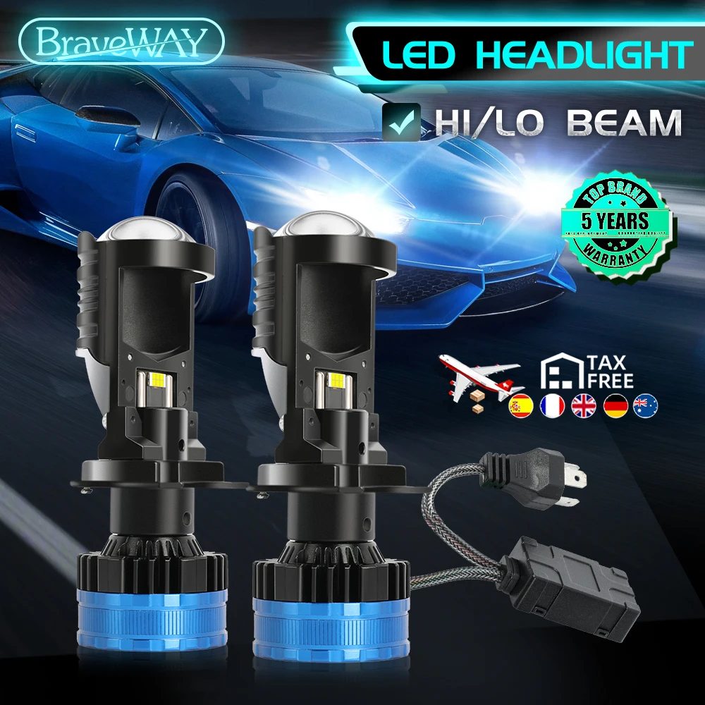 Braveway H4 projecteur LED Mini lentille Auto H4 LED ampoules de phares Kit Conversion feux de route feux de croisement 80000LM lampe d'éclairage de voiture 12V 24V