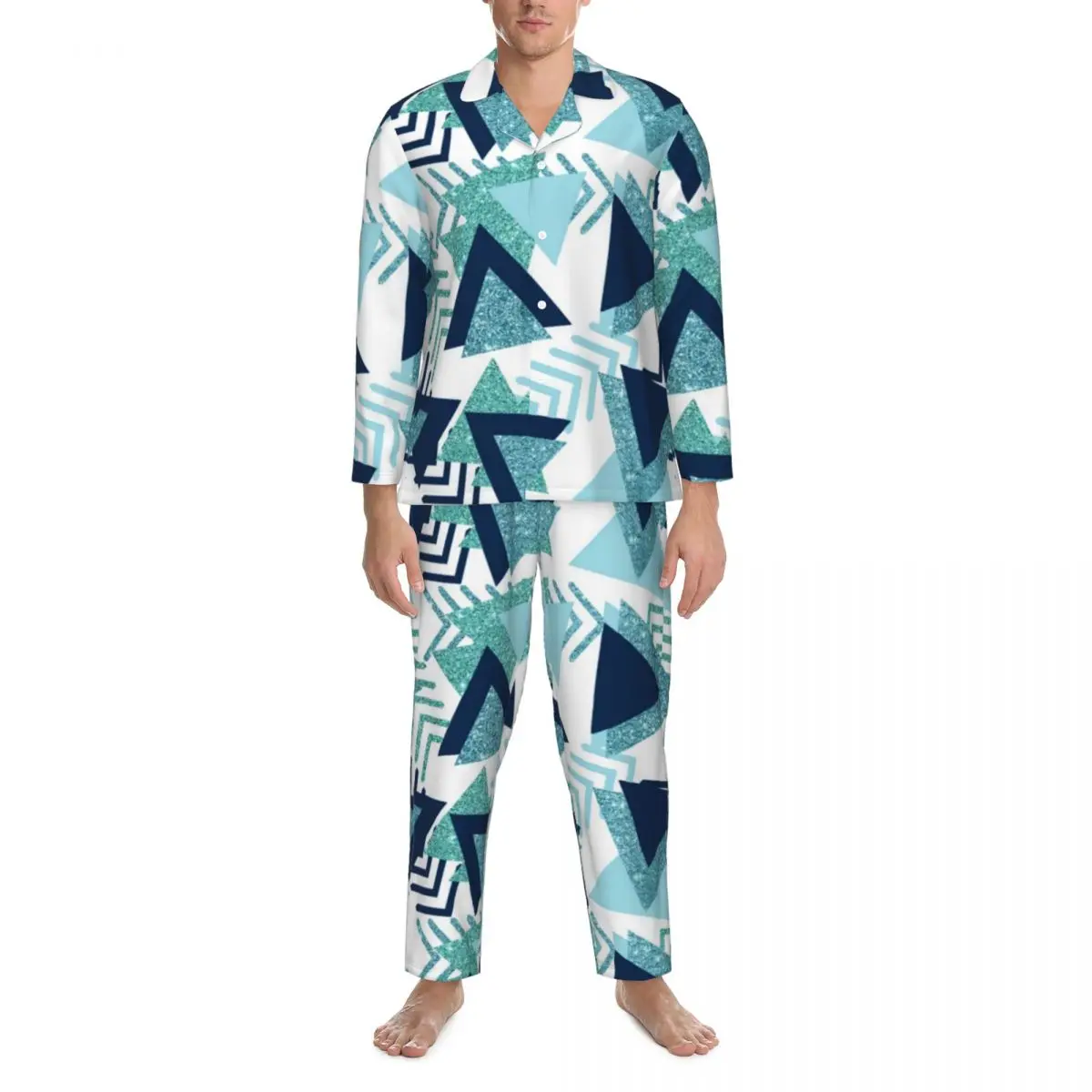 

Mid-Century Print Pajamas Male Abstract Turquoise Cute Daily Sleepwear Autumn 2 Piece Vintage Oversize Custom Pajama Sets