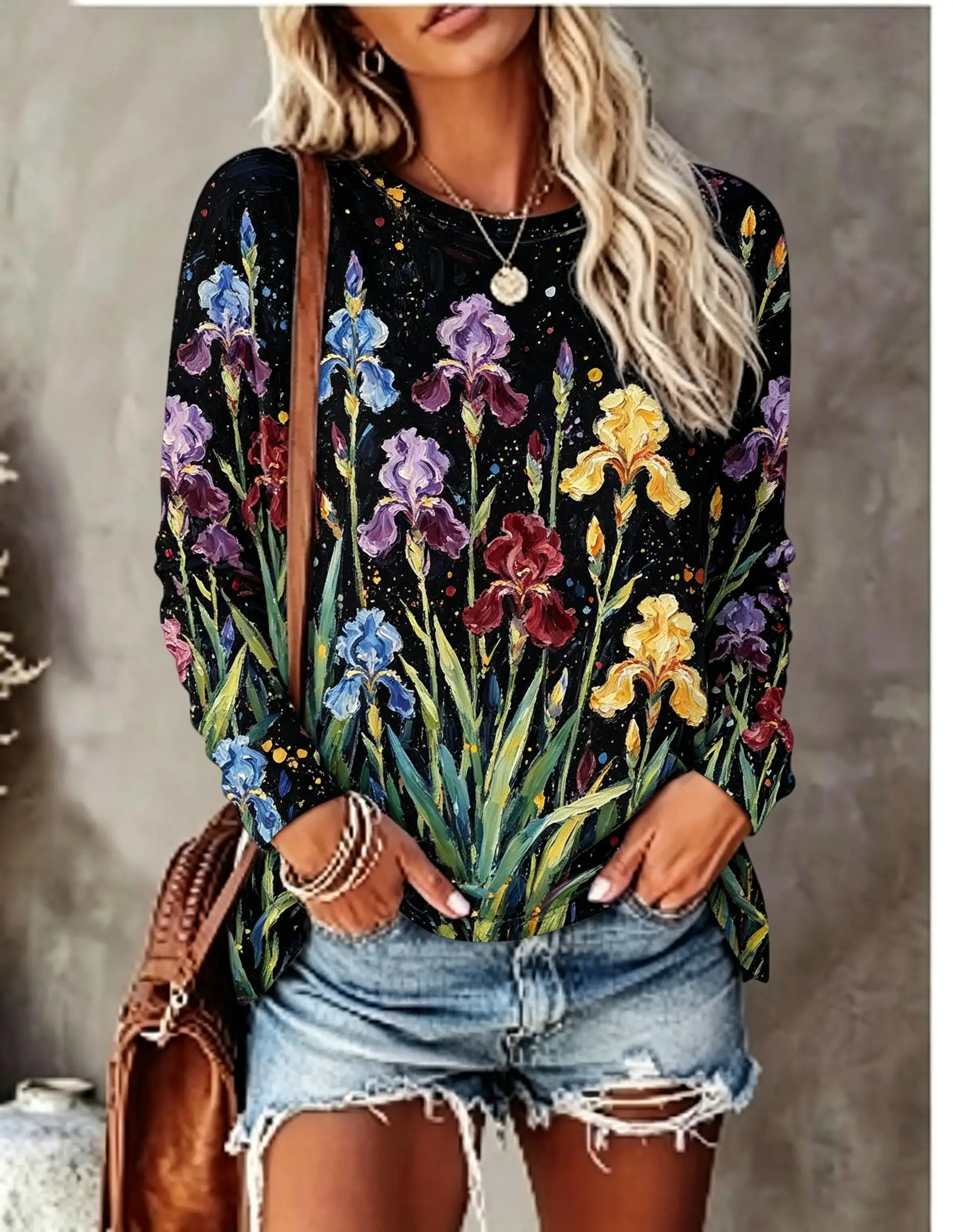 Women Long Sleeve T‑Shirt Oil Painting Iris Floral Vintage Art Print Crew Neck Casual Fall Tops