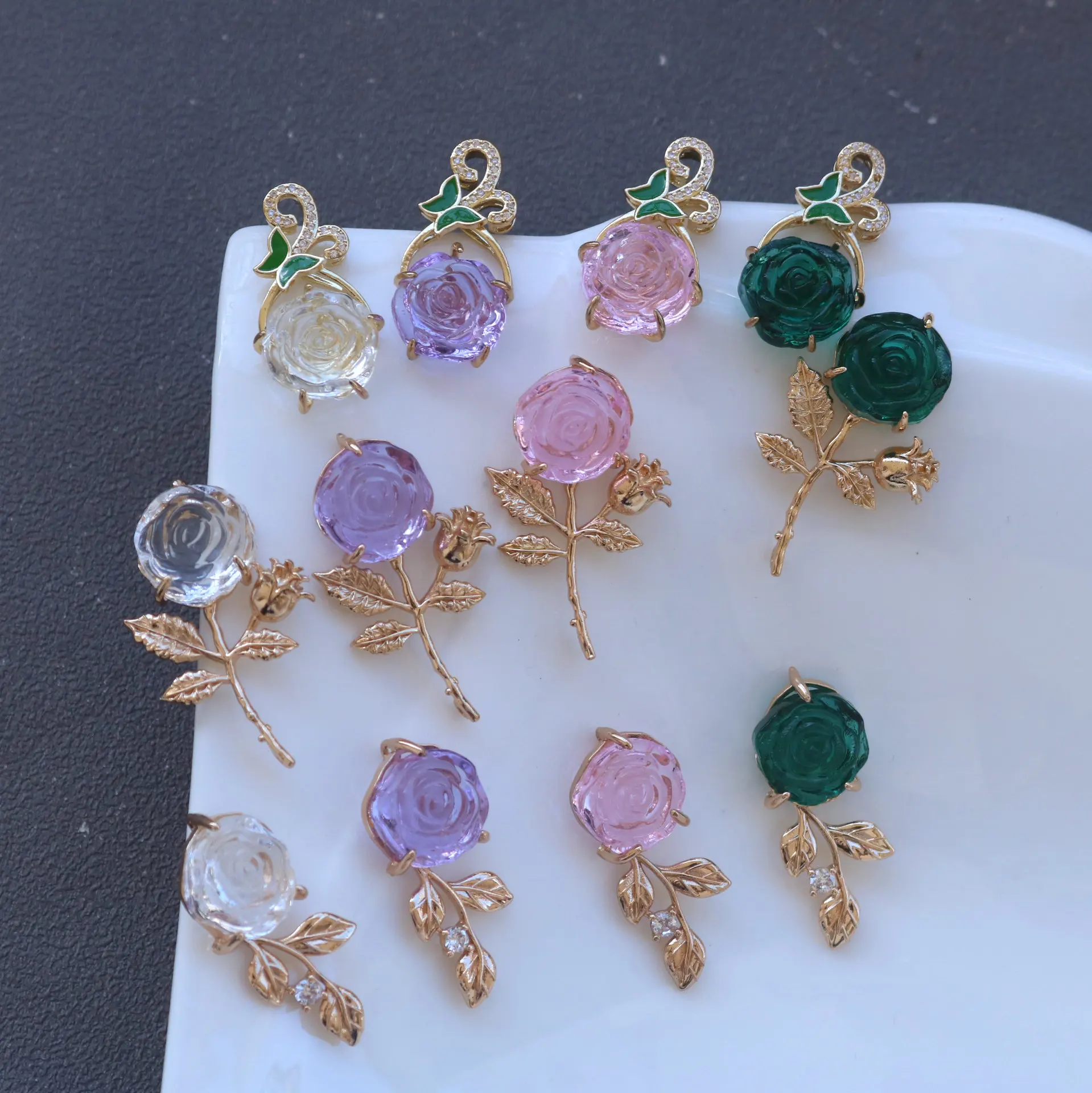 10pcs/ Bag  Fashionable three-dimensional rose crystal pendant necklace DIY jewelry making, gift for girlfriend
